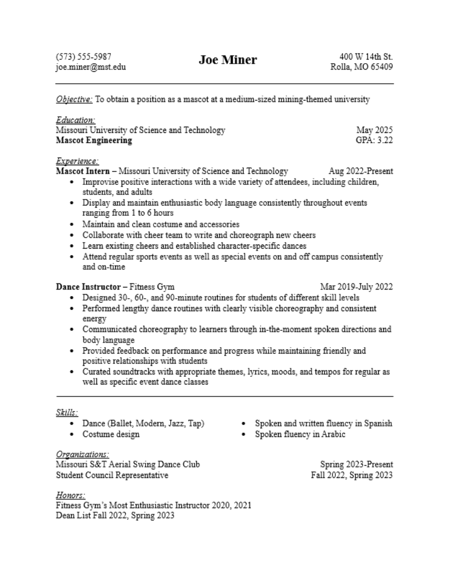 Resume Example Writing And Communication Center Missouri S T